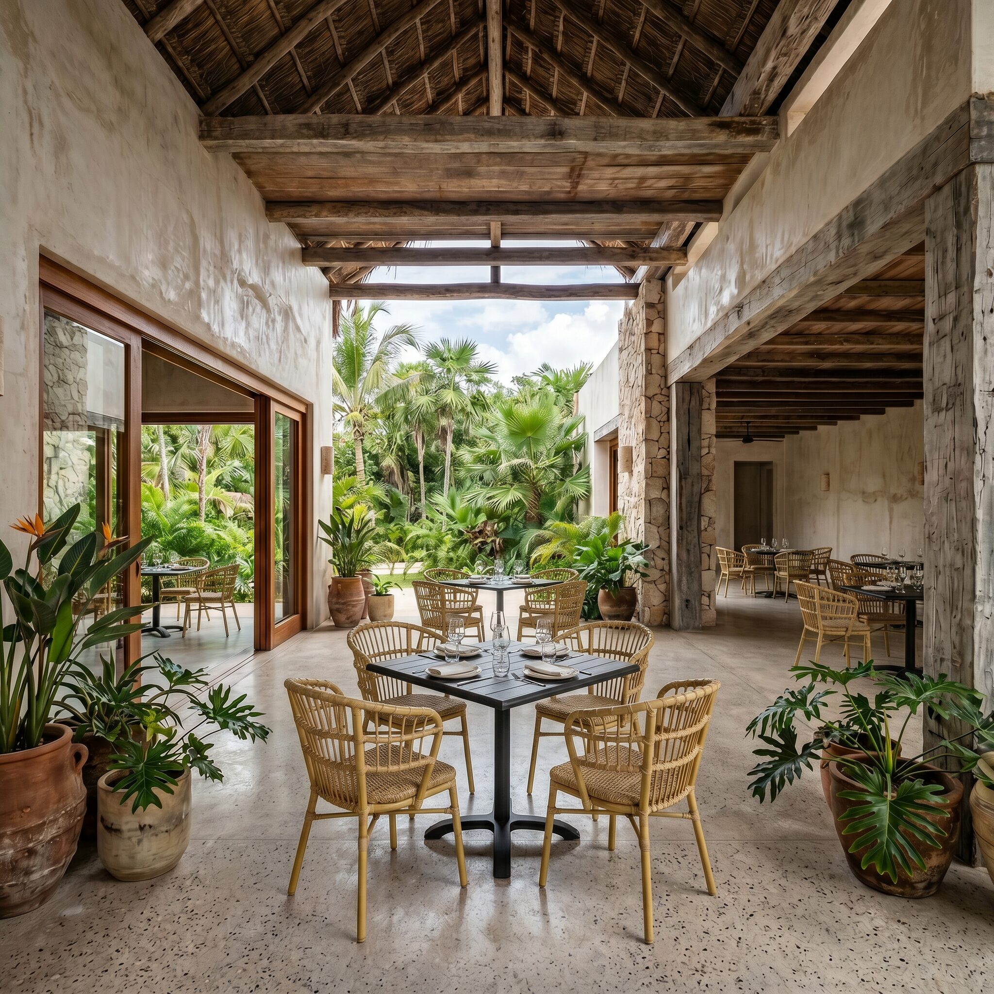 Outdoor restaurant scene with the Roatan chair and Beachcomber table